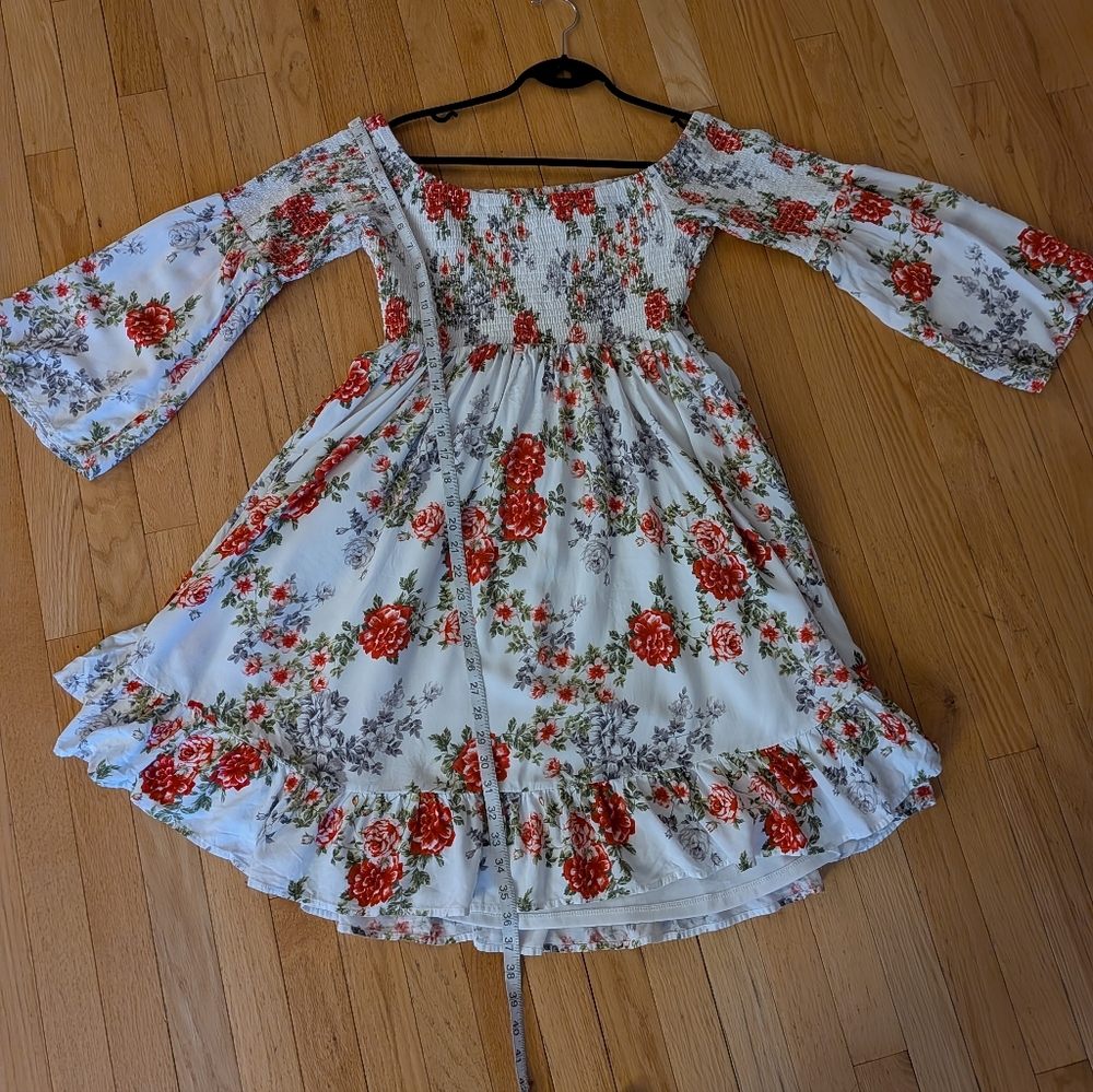 Torrid Mini Challis off-shoulder white floral bell sleeve smocked skater dress 1 - Picture 6 of 7